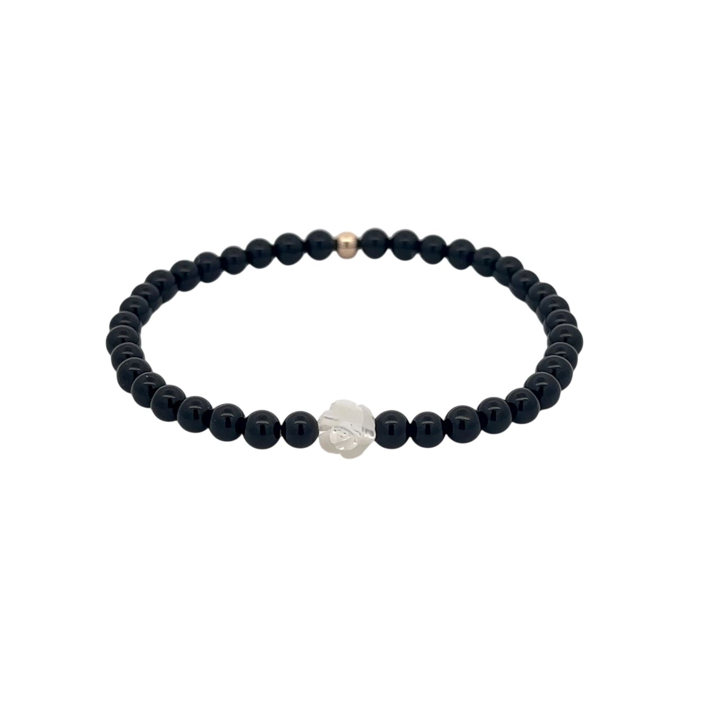 Natural Black Onyx Bracelet 4mm with White Mother of Pearl Flower & 14k Solid Gold Bead, Carved MOP Floral Stacking Jewelry