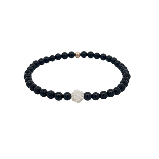 Natural Black Onyx Bracelet 4mm with White Mother of Pearl Flower & 14k Solid Gold Bead, Carved MOP Floral Stacking Jewelry