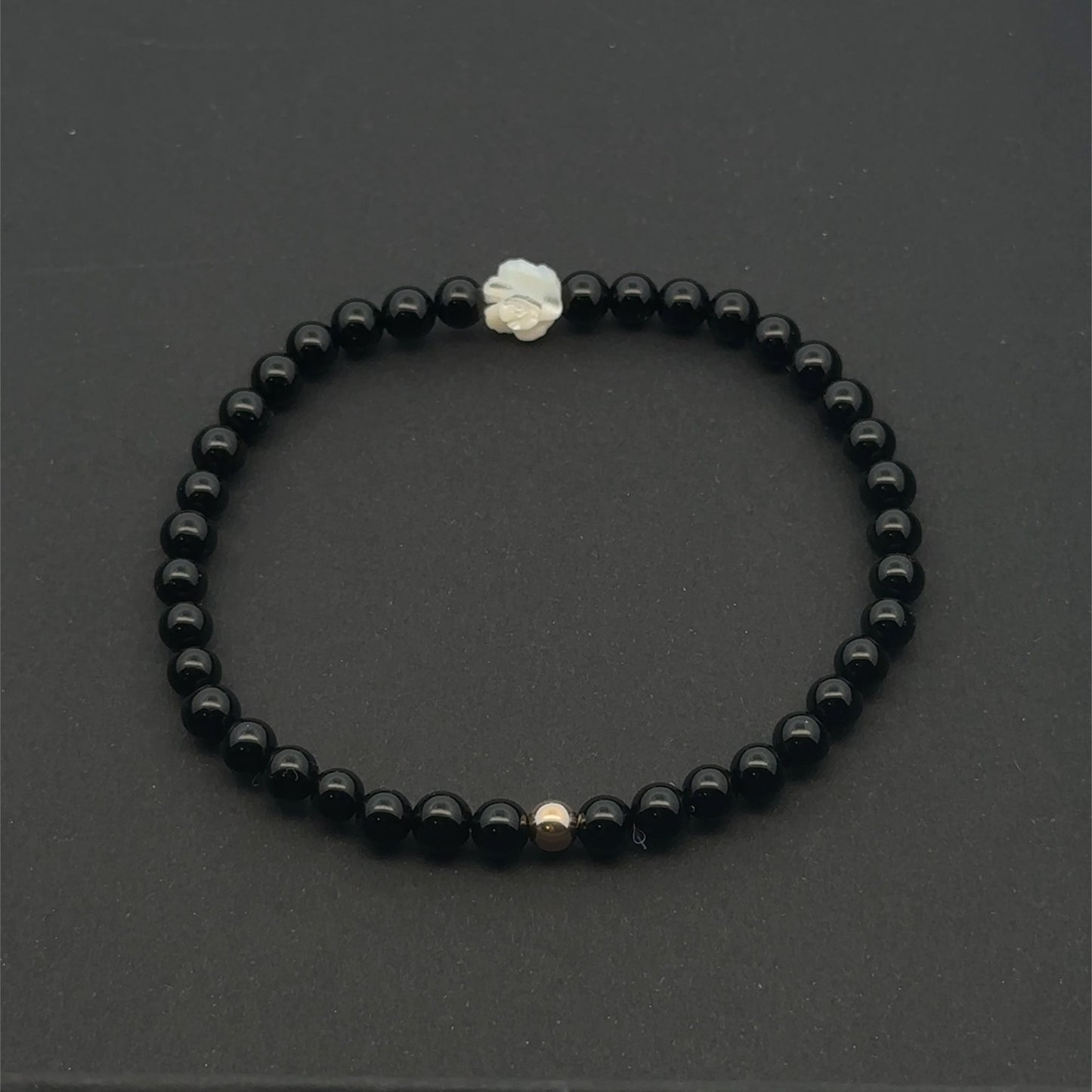 Natural Black Onyx Bracelet 4mm with White Mother of Pearl Flower & 14k Solid Gold Bead, Carved MOP Floral Stacking Jewelry
