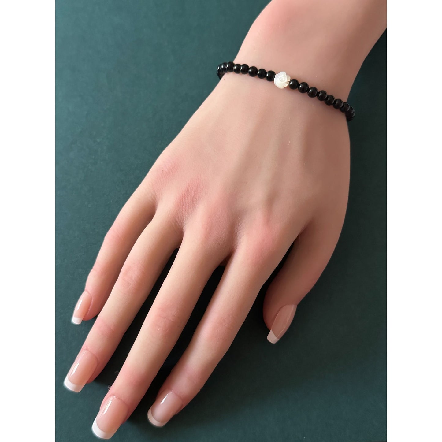 Natural Black Onyx Bracelet 4mm with White Mother of Pearl Flower & 14k Solid Gold Bead, Carved MOP Floral Stacking Jewelry