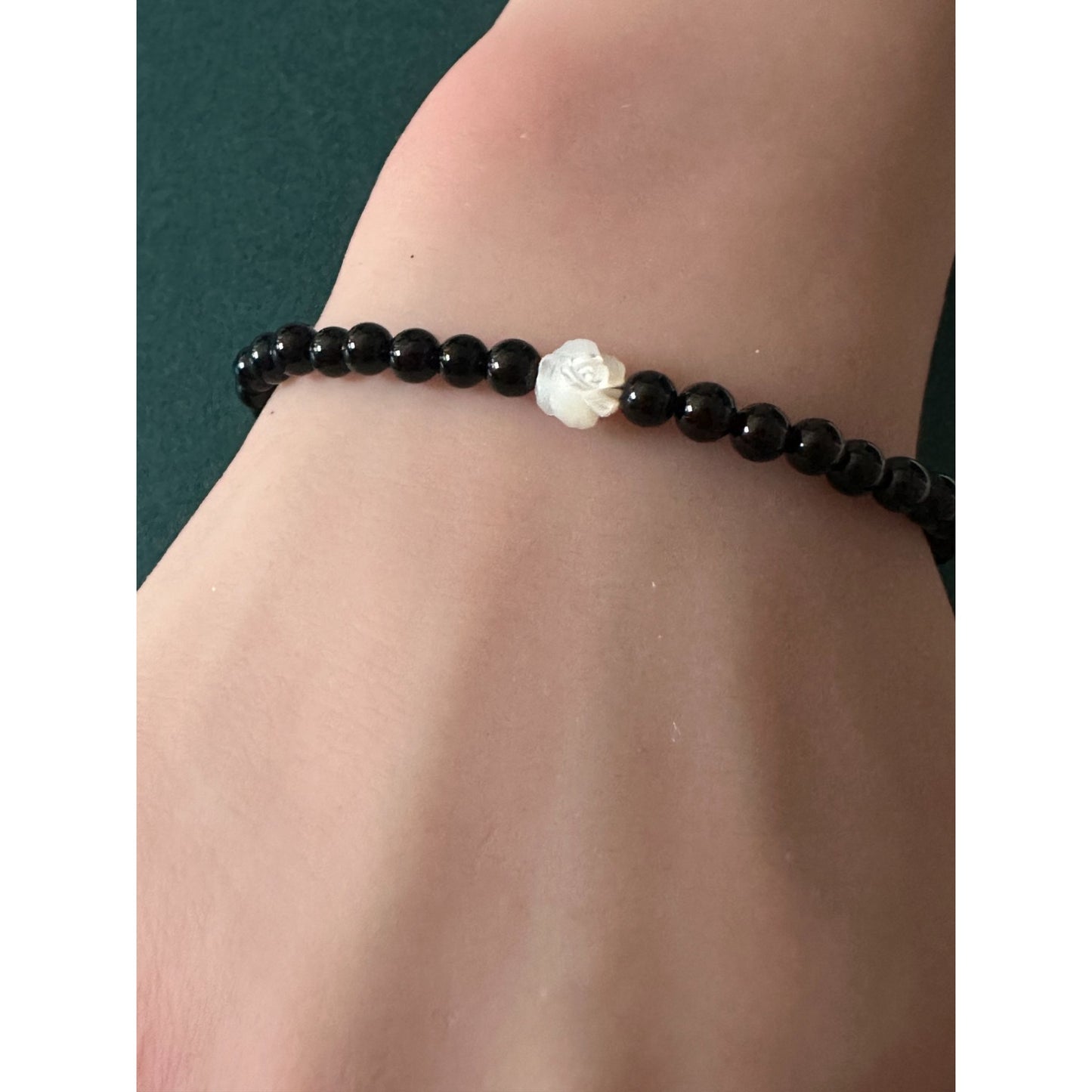 Natural Black Onyx Bracelet 4mm with White Mother of Pearl Flower & 14k Solid Gold Bead, Carved MOP Floral Stacking Jewelry