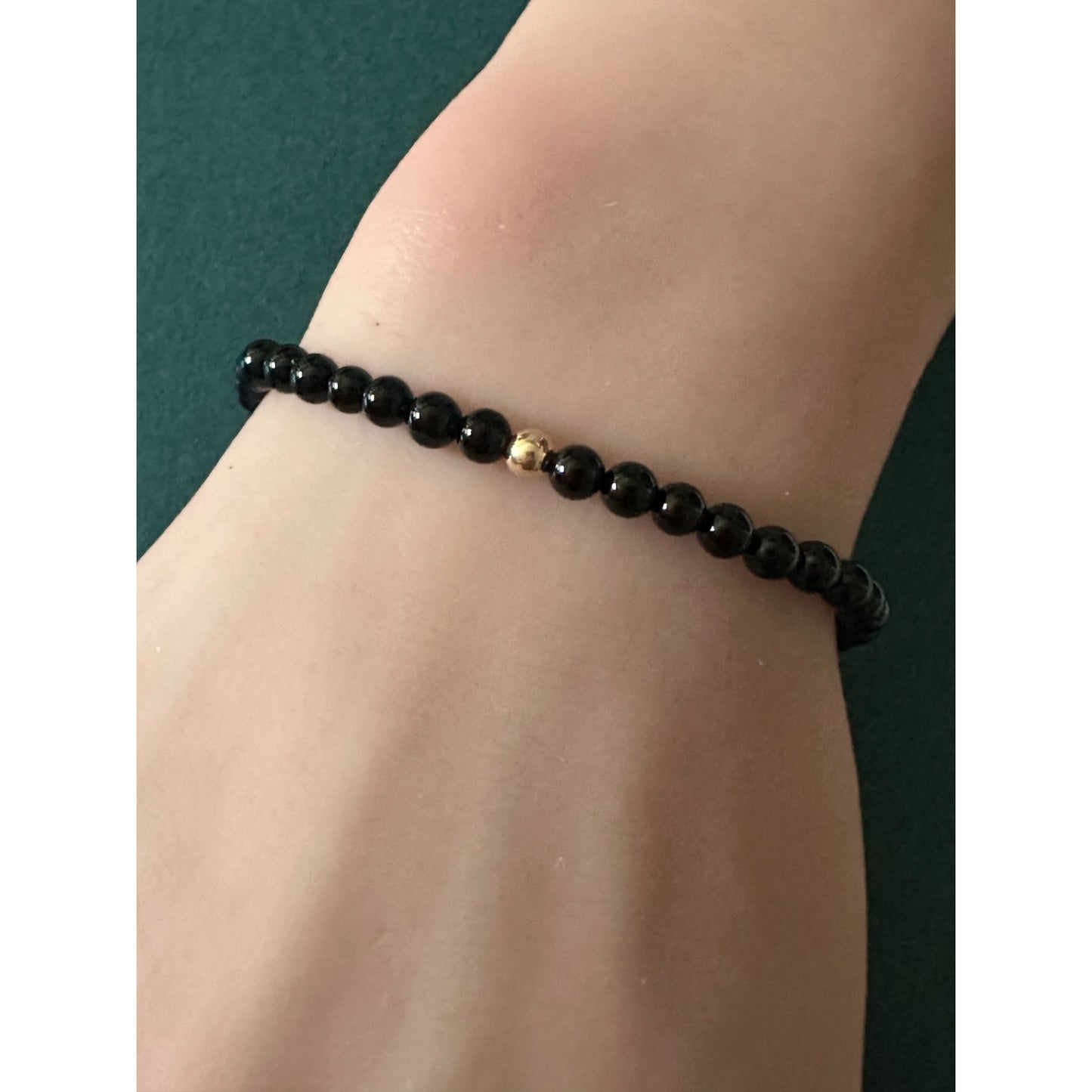 Natural Black Onyx Bracelet 4mm with White Mother of Pearl Flower & 14k Solid Gold Bead, Carved MOP Floral Stacking Jewelry