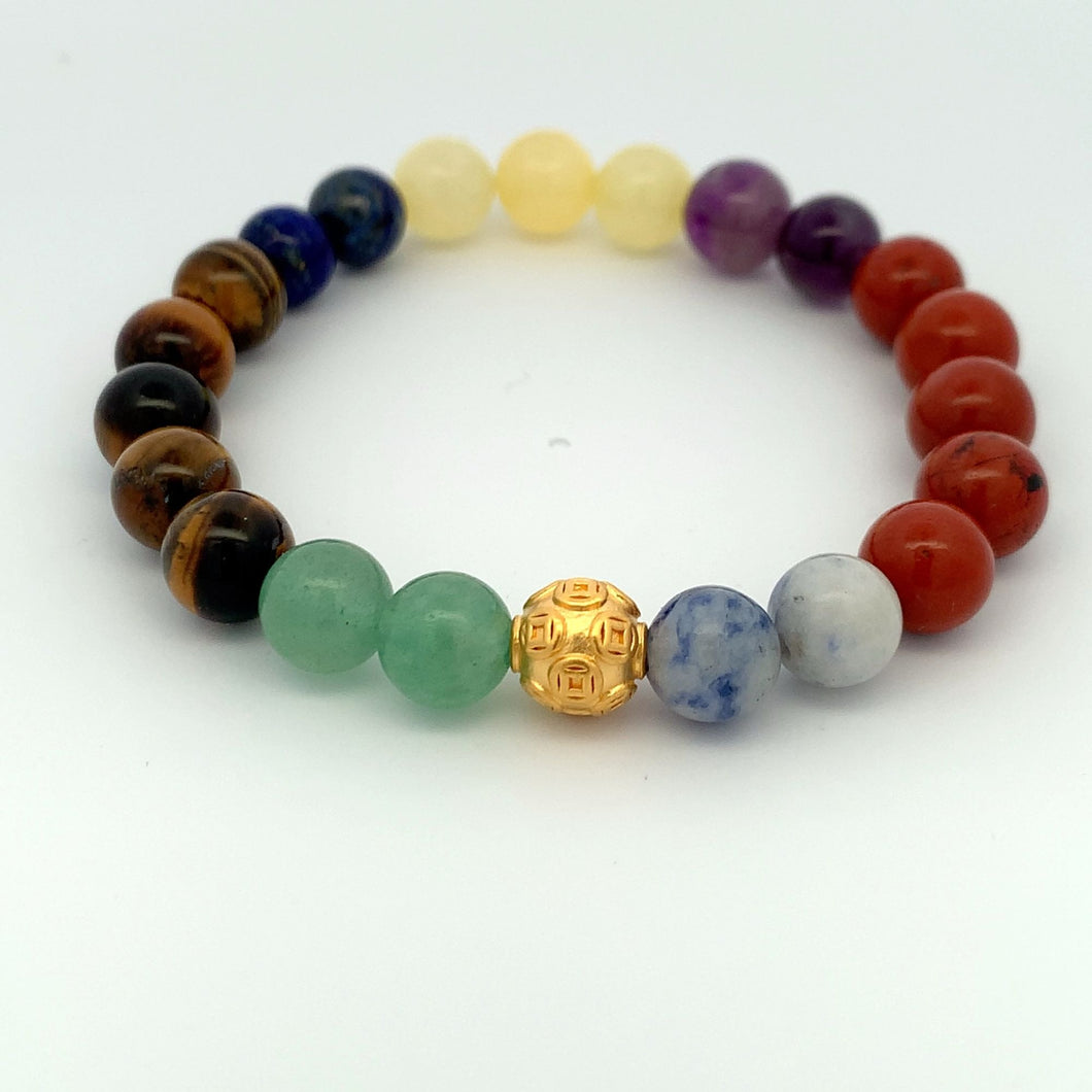 24K Gold Ball Coin Lucky Charm Bracelet Gemstones Chakra Multicolor S 6.25 in - Rafant