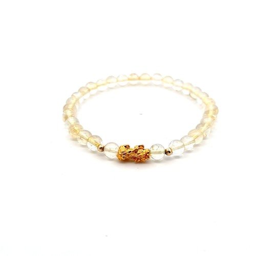 18K Gold Dragon Pixiu Piyao Lucky Charm Beads Bracelet Gemstones Citrine 6mm Size 7.5