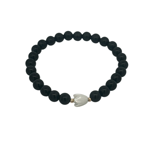14K Gold Beads Mother of Pearl Pikake Flower Black Onyx Stretch Bracelet