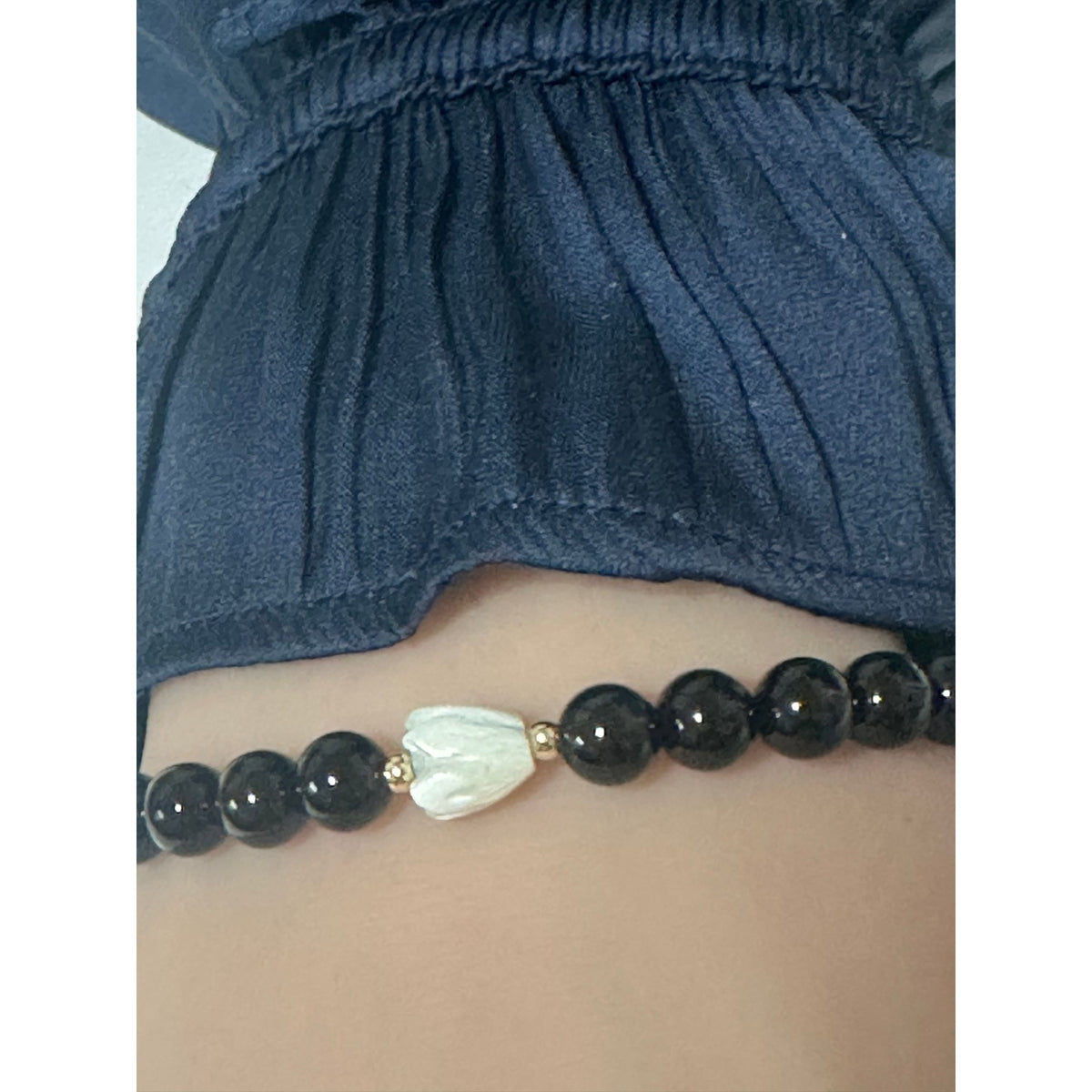 14K Gold Beads Mother of Pearl Pikake Flower Black Onyx Stretch Bracelet
