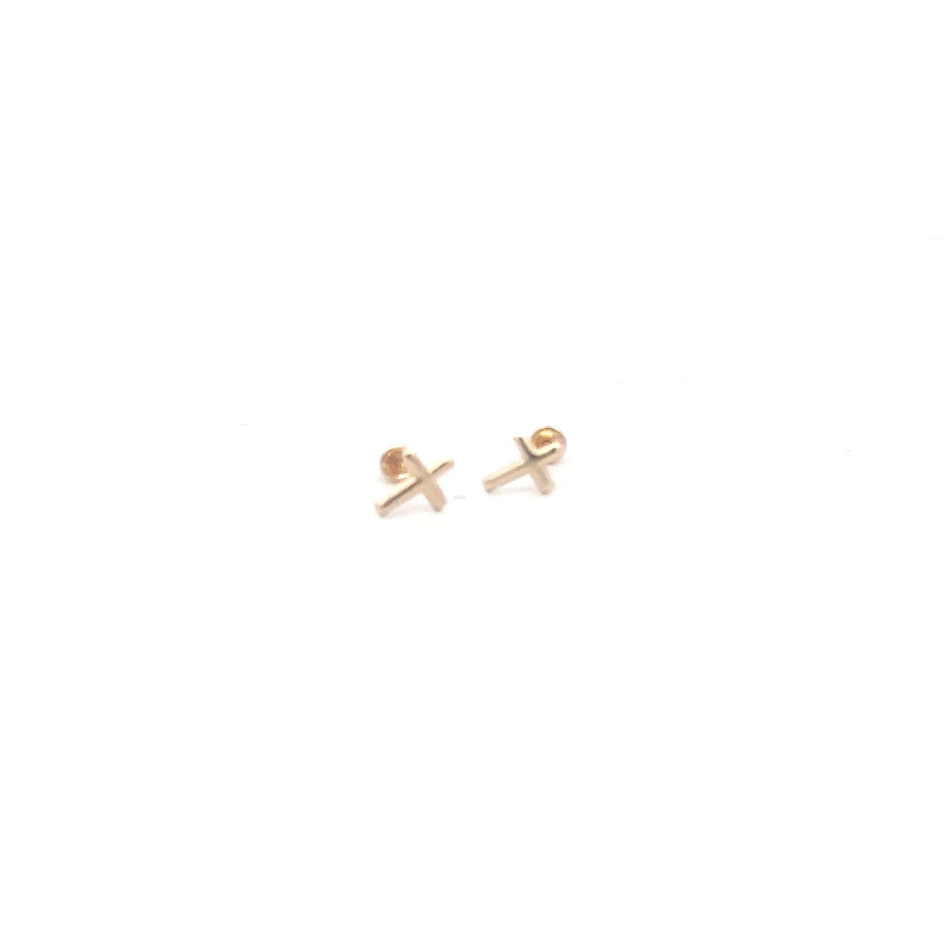 14K Gold Stud Earrings Cross Screw Back Type Very Tiny - Rafant