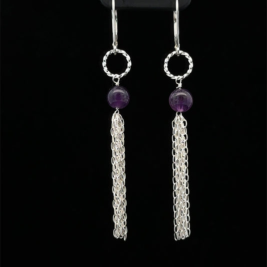 925 Sterling Silver Leverback Earrings Amethyst Tassel Interchangeable Modular - Rafant