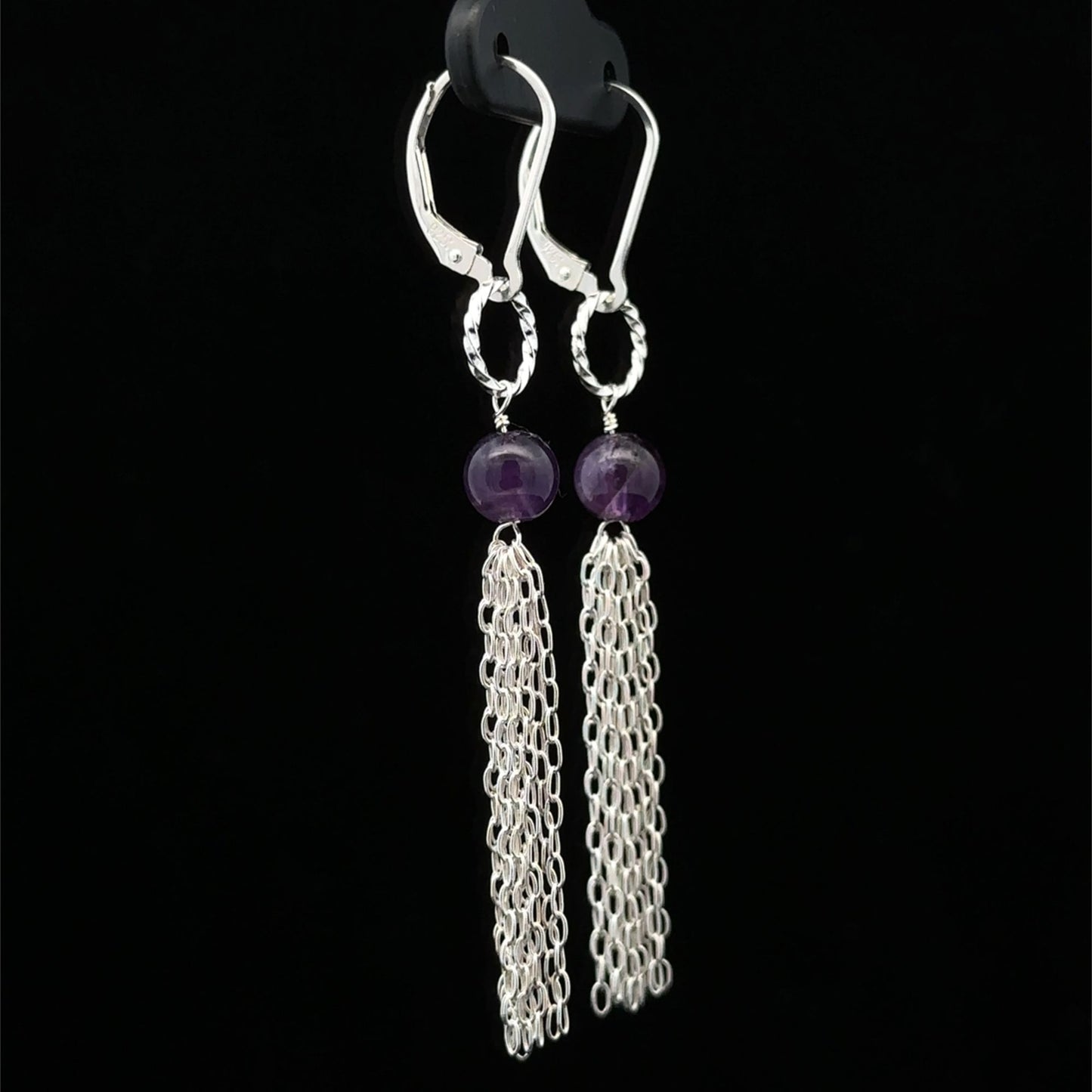 925 Sterling Silver Leverback Earrings Amethyst Tassel Interchangeable Modular - Rafant