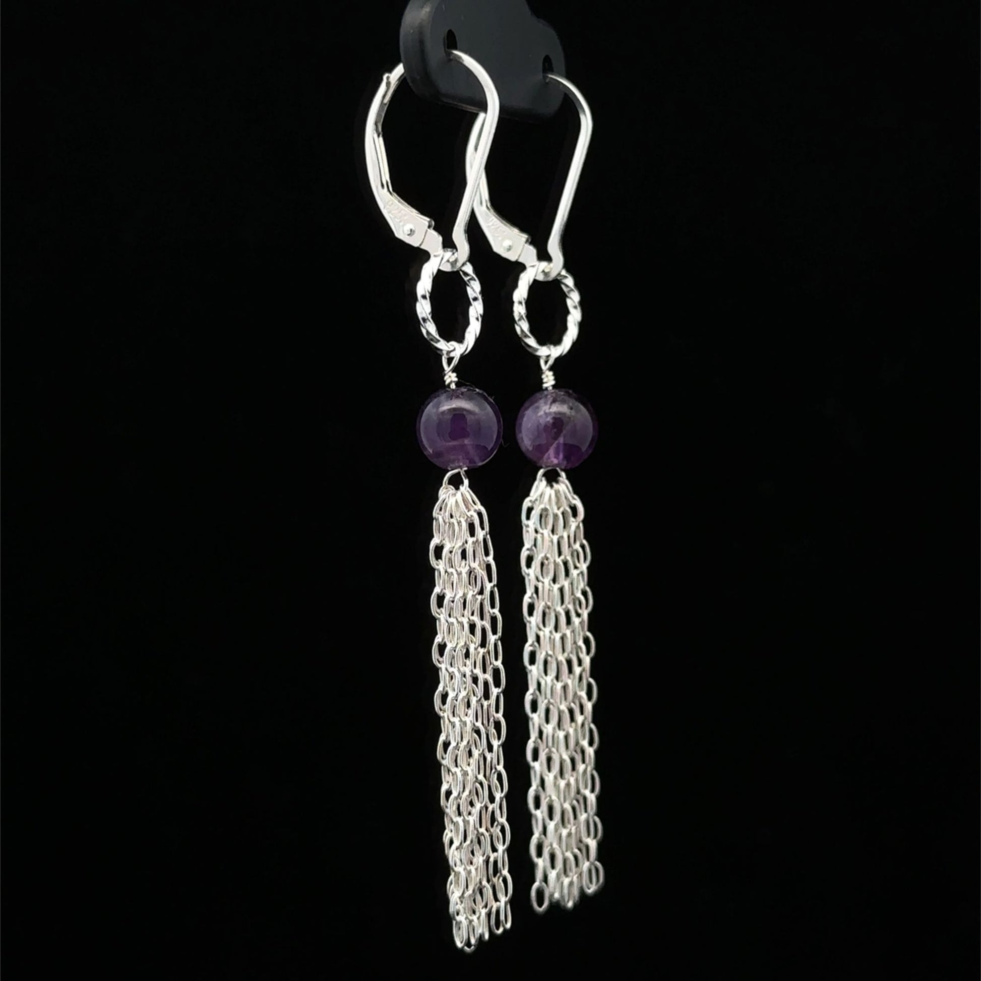 925 Sterling Silver Leverback Earrings Amethyst Tassel Interchangeable Modular - Rafant