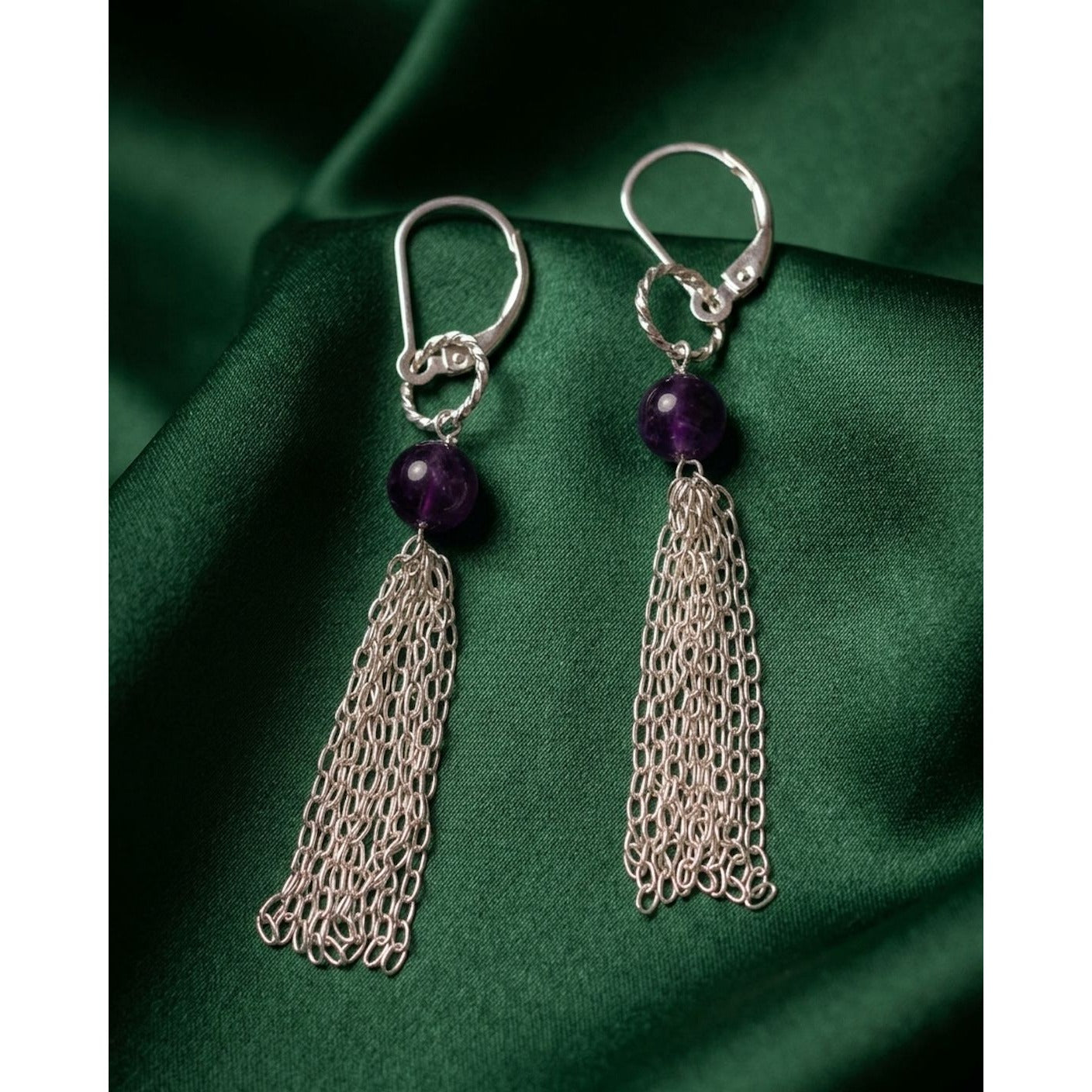 925 Sterling Silver Leverback Earrings Amethyst Tassel Interchangeable Modular - Rafant