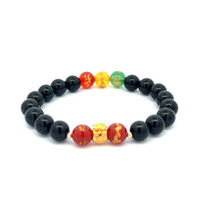 Load image into Gallery viewer, 18K Solid Gold Money Bag Lucky Charm Bracelet - Natural Black Onyx &amp; Colorful Carved Agate - 8mm Stretch Gemstone Bracelet

