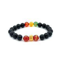 Load image into Gallery viewer, 18K Solid Gold Money Bag Lucky Charm Bracelet - Natural Black Onyx &amp; Colorful Carved Agate - 8mm Stretch Gemstone Bracelet
