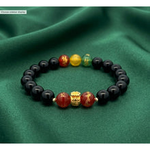 Load image into Gallery viewer, 18K Solid Gold Money Bag Lucky Charm Bracelet - Natural Black Onyx &amp; Colorful Carved Agate - 8mm Stretch Gemstone Bracelet
