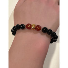 Load image into Gallery viewer, 18K Solid Gold Money Bag Lucky Charm Bracelet - Natural Black Onyx &amp; Colorful Carved Agate - 8mm Stretch Gemstone Bracelet
