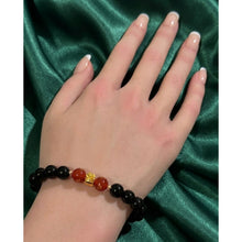 Load image into Gallery viewer, 18K Solid Gold Money Bag Lucky Charm Bracelet - Natural Black Onyx &amp; Colorful Carved Agate - 8mm Stretch Gemstone Bracelet
