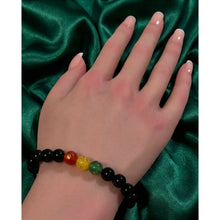 Load image into Gallery viewer, 18K Solid Gold Money Bag Lucky Charm Bracelet - Natural Black Onyx &amp; Colorful Carved Agate - 8mm Stretch Gemstone Bracelet
