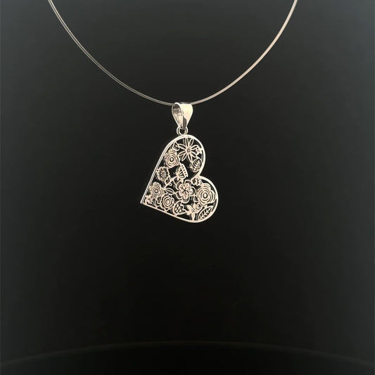 925 Sterling Silver Pendant Heart  Flower - Rafant
