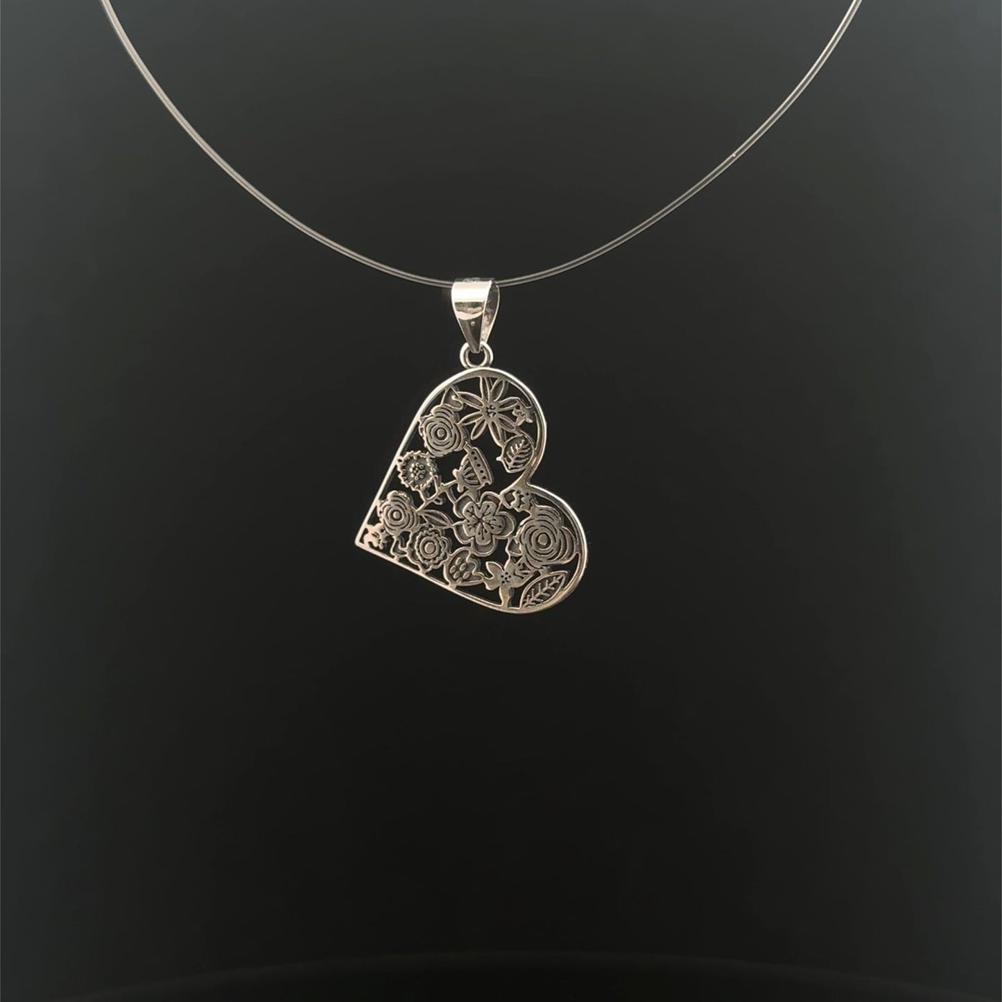 925 Sterling Silver Pendant Heart  Flower - Rafant