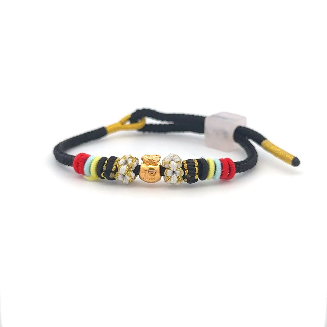 18K Gold Money Bag Bracelet Multicolor Yarn Rose Quartz Square Bead Size 6-6.5