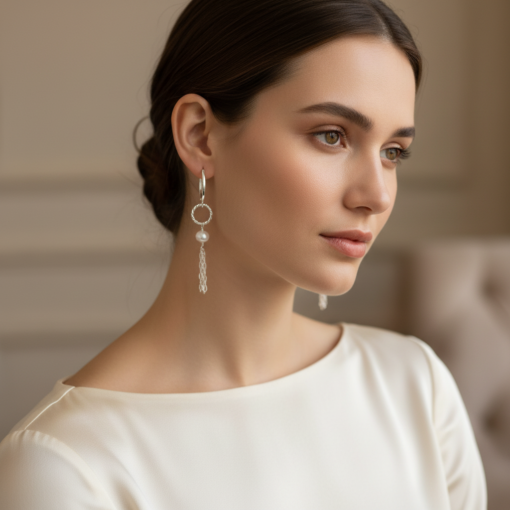 Pearl Silver Tassel Earrings Worn