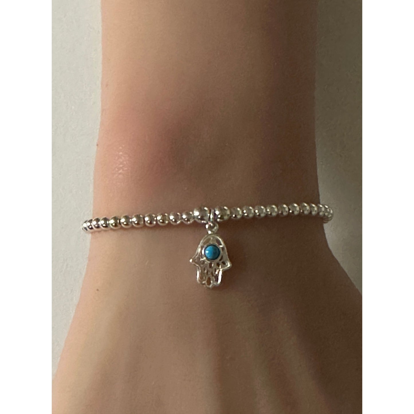 925 Sterling Silver Beaded Stretch Stacking Bracelet Hamsa Charm Minimalist Size 7" - Rafant