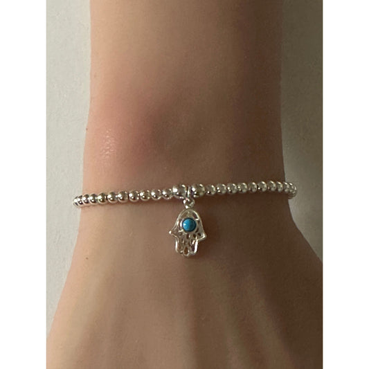 925 Sterling Silver Beaded Stretch Stacking Bracelet Hamsa Charm Minimalist Size 7" - Rafant