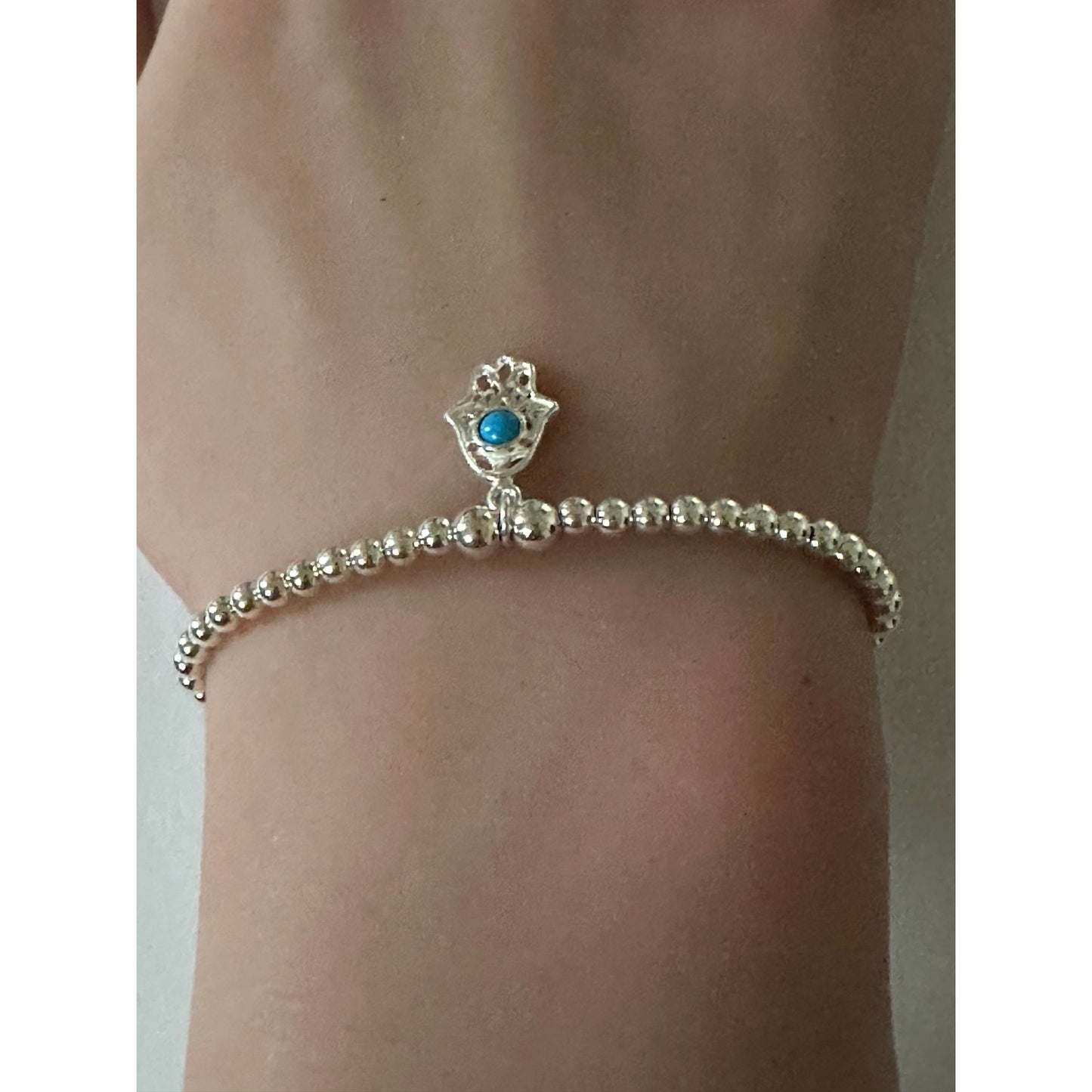 925 Sterling Silver Beaded Stretch Stacking Bracelet Hamsa Charm Minimalist Size 7" - Rafant
