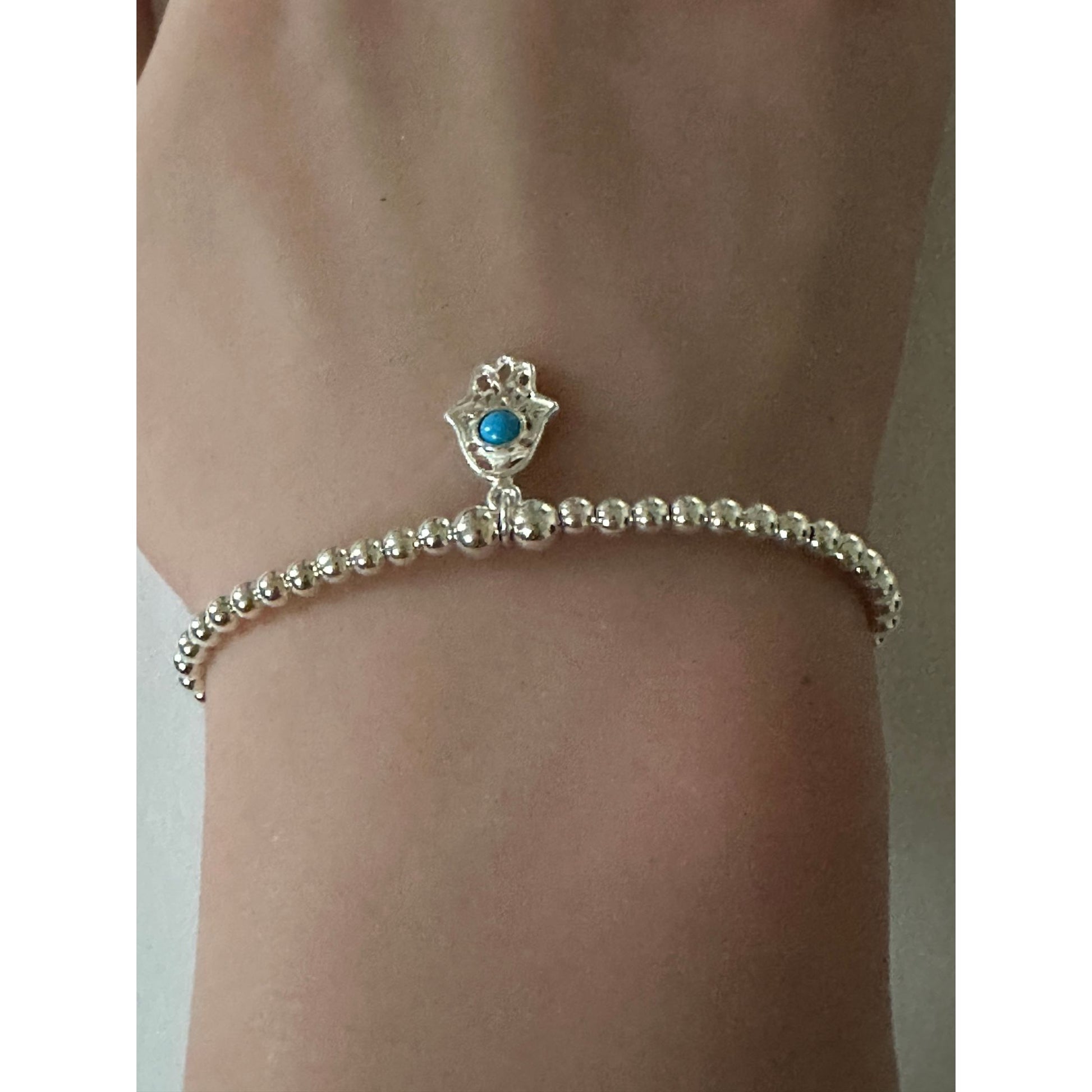 925 Sterling Silver Beaded Stretch Stacking Bracelet Hamsa Charm Minimalist Size 7" - Rafant