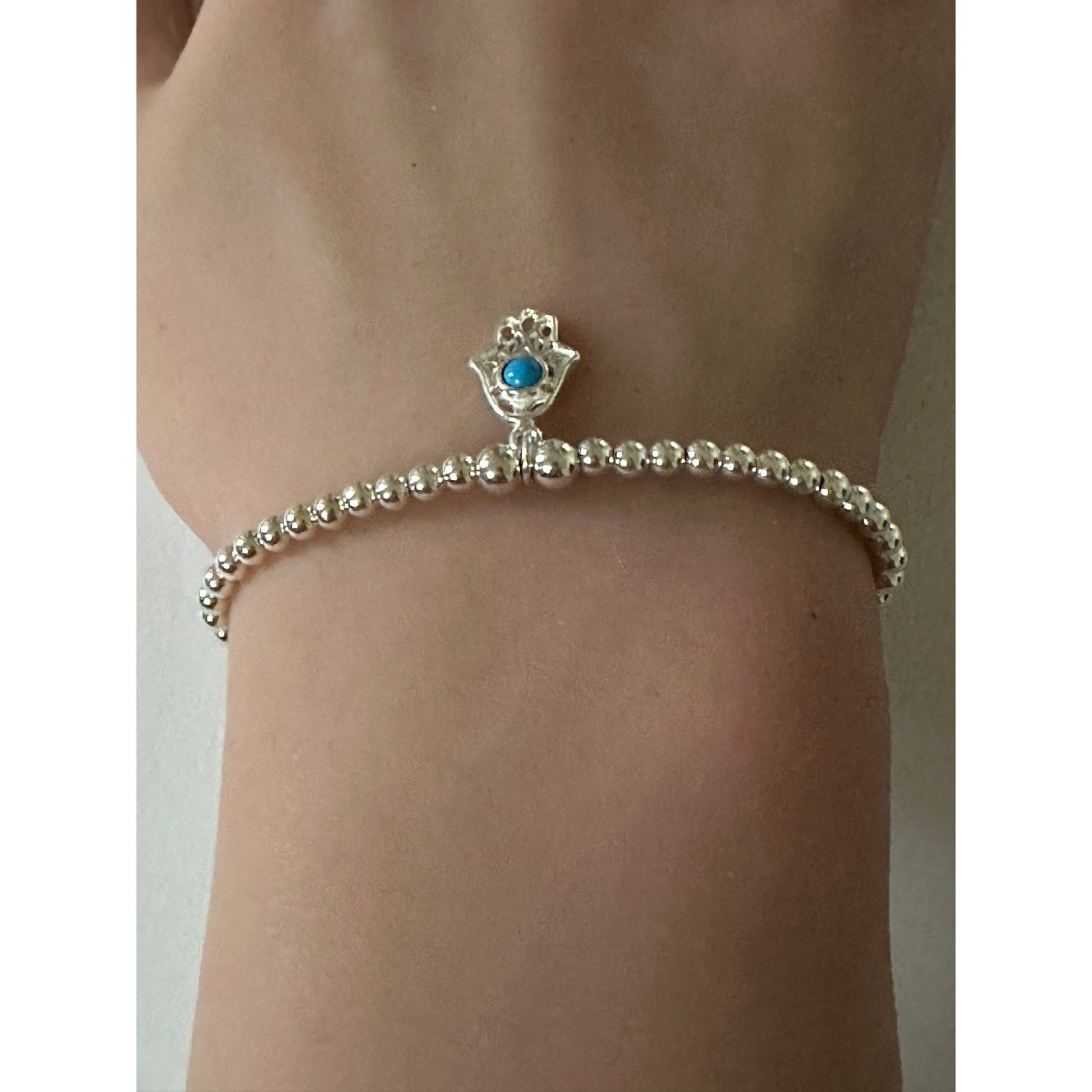 925 Sterling Silver Beaded Stretch Stacking Bracelet Hamsa Charm Minimalist Size 7" - Rafant
