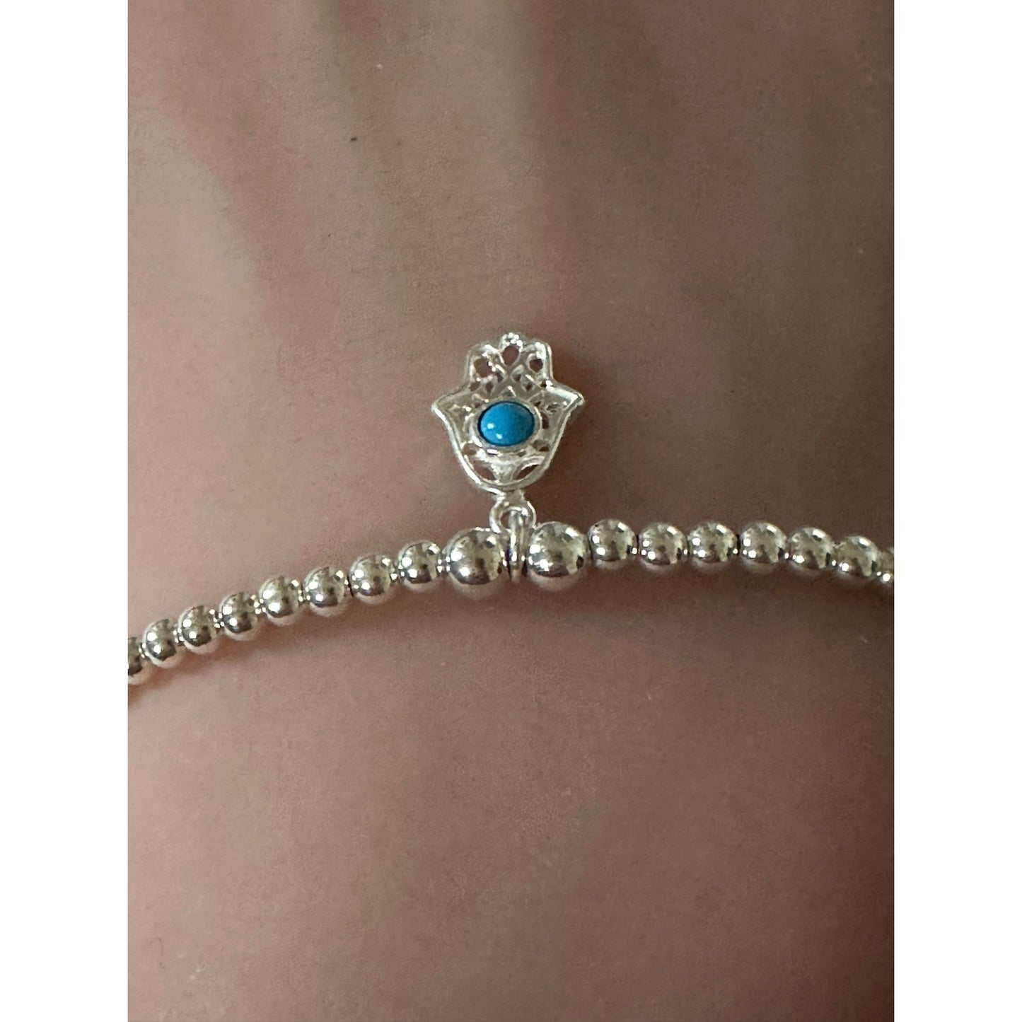 925 Sterling Silver Beaded Stretch Stacking Bracelet Hamsa Charm Minimalist Size 7" - Rafant