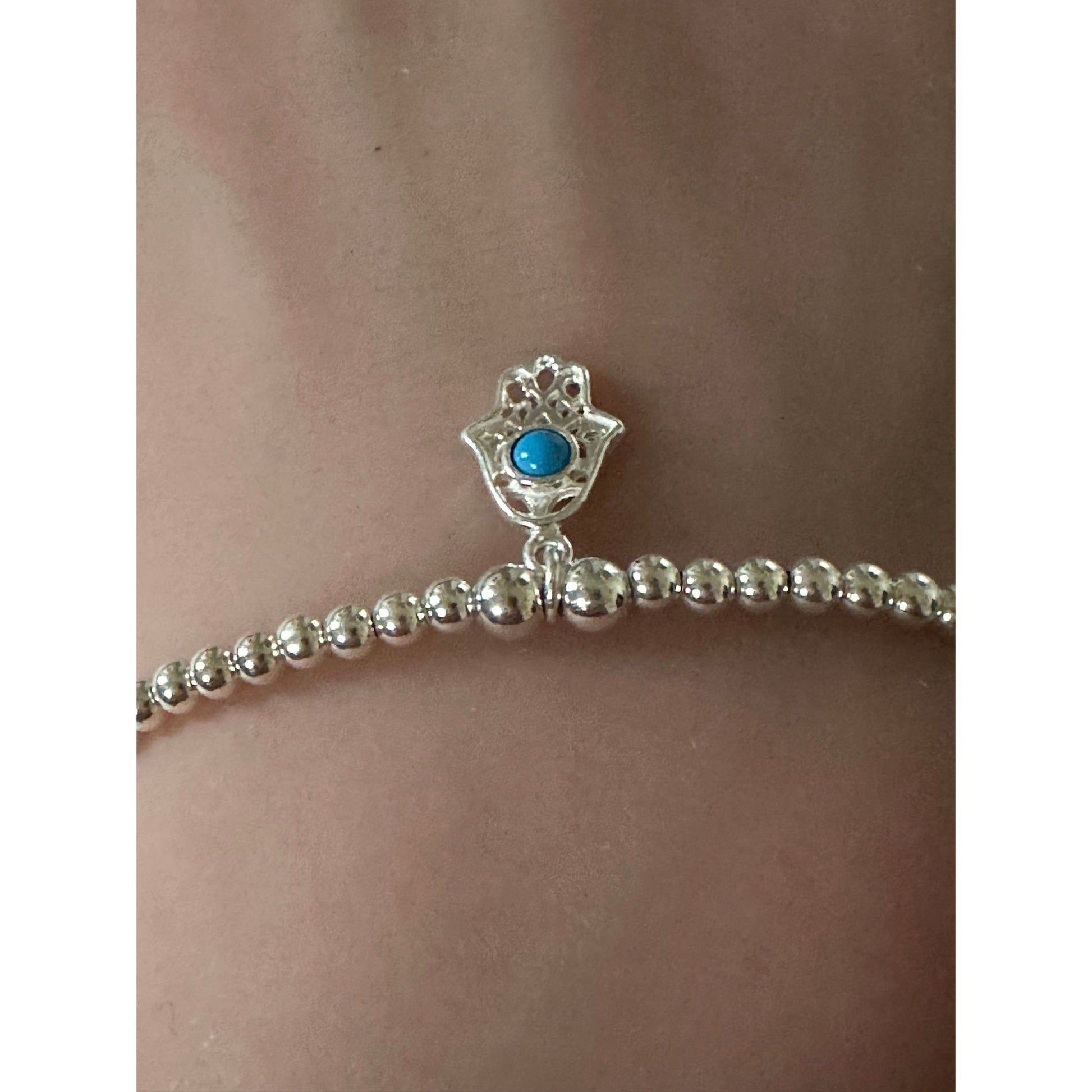 925 Sterling Silver Beaded Stretch Stacking Bracelet Hamsa Charm Minimalist Size 7" - Rafant