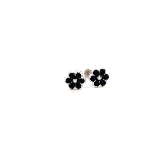 925 Sterling Silver Stud Flower Black Enamel Earrings Small Screw Back - Rafant