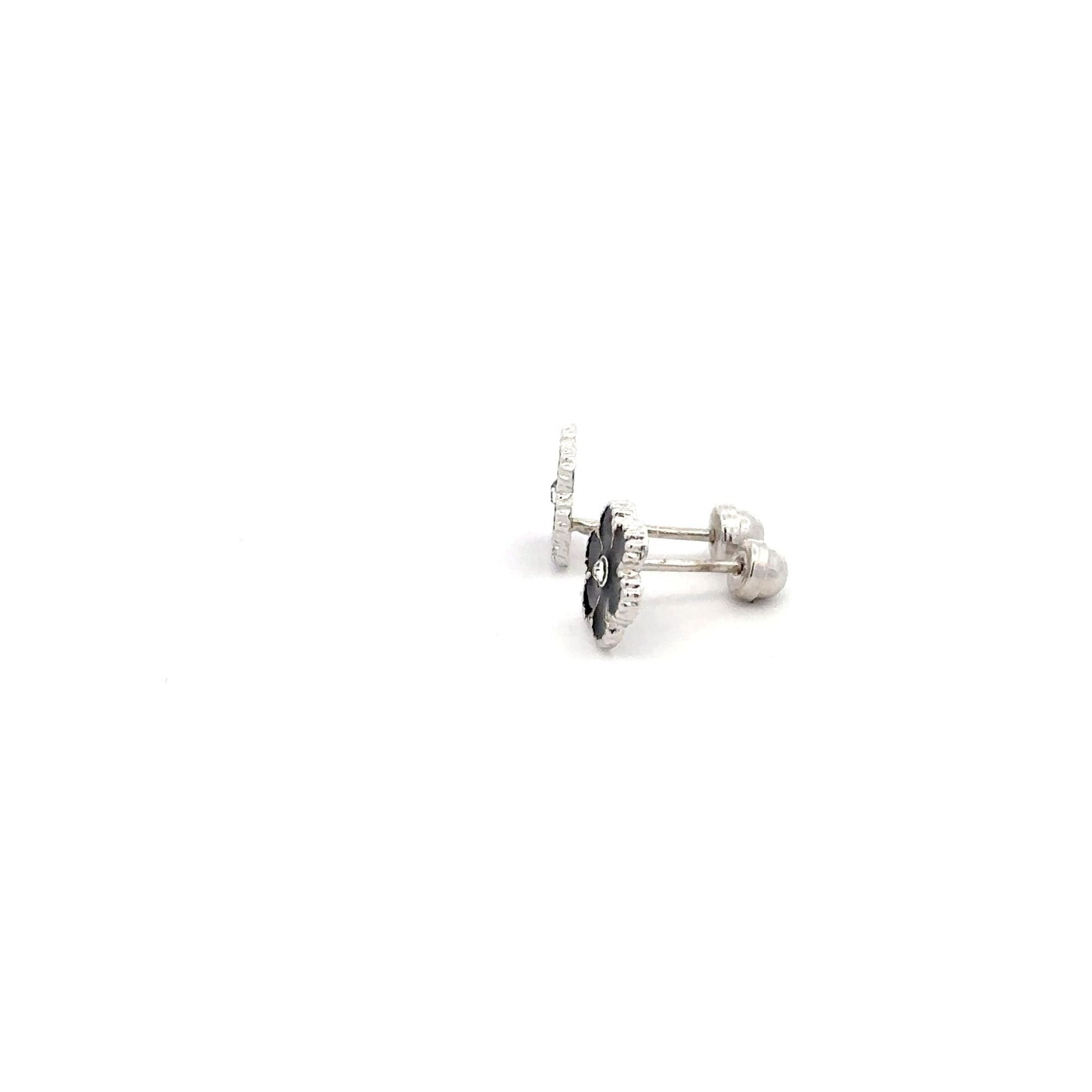 925 Sterling Silver Stud Flower Black Enamel Earrings Small Screw Back - Rafant