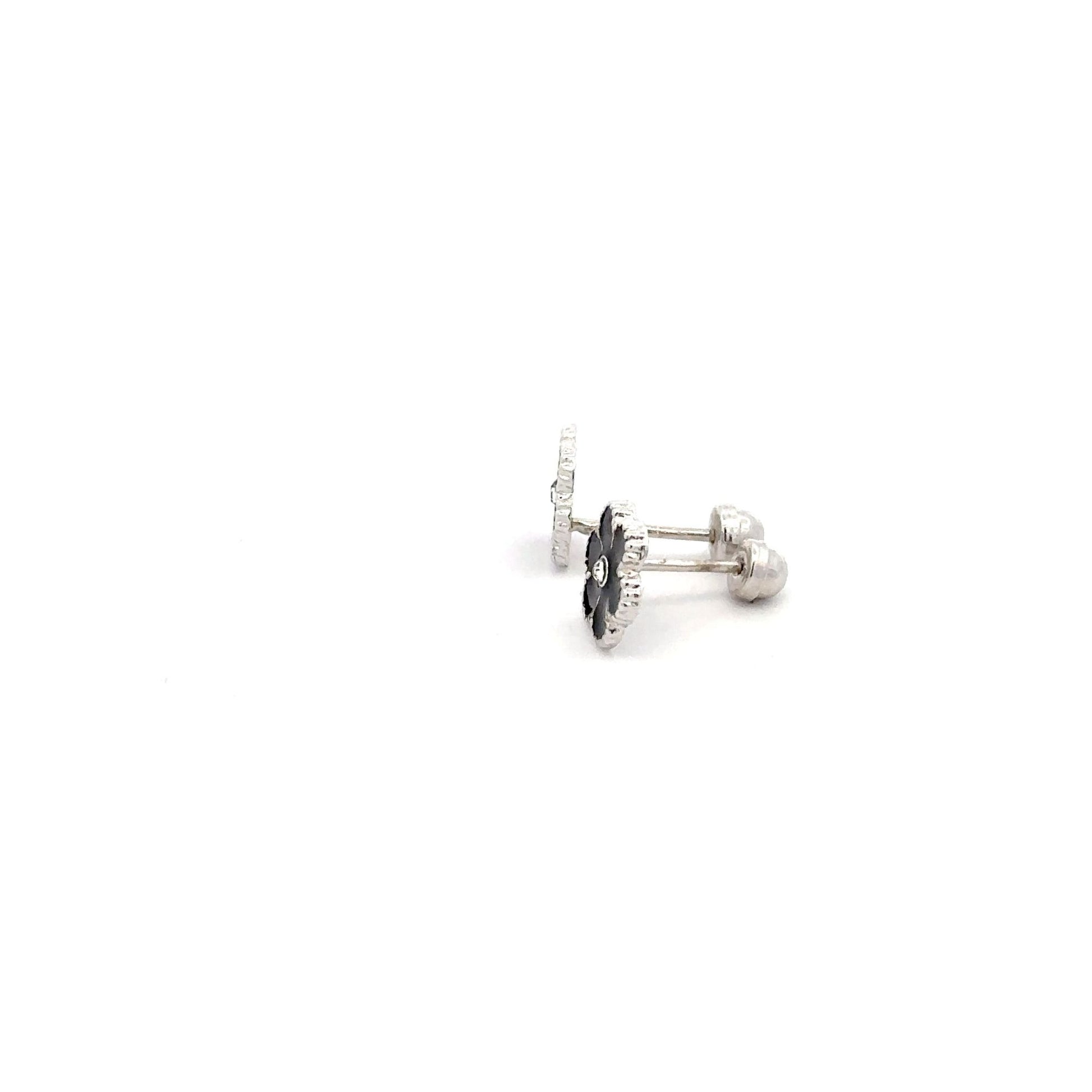 925 Sterling Silver Stud Flower Black Enamel Earrings Small Screw Back - Rafant