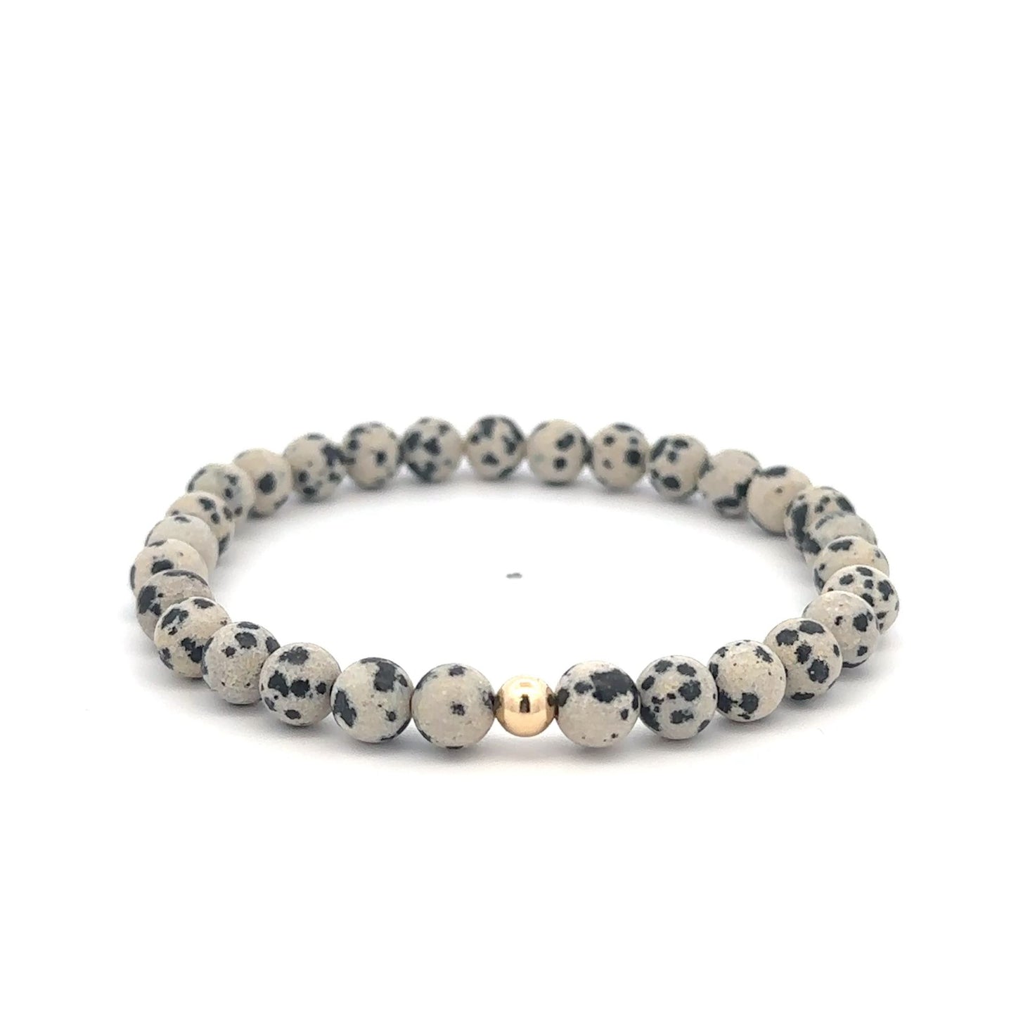 Natural Dalmatian Jasper 6mm Stretchable Bracelet 18k Gold Bead Charm Size 7 in - Rafant