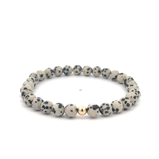 Natural Dalmatian Jasper 6mm Stretchable Bracelet 18k Gold Bead Charm Size 7 in - Rafant