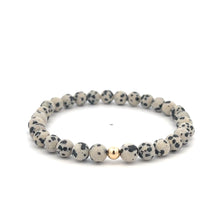 Load image into Gallery viewer, Natural Dalmatian Jasper 6mm Stretchable Bracelet 18k Gold Bead Charm Size 7 in
