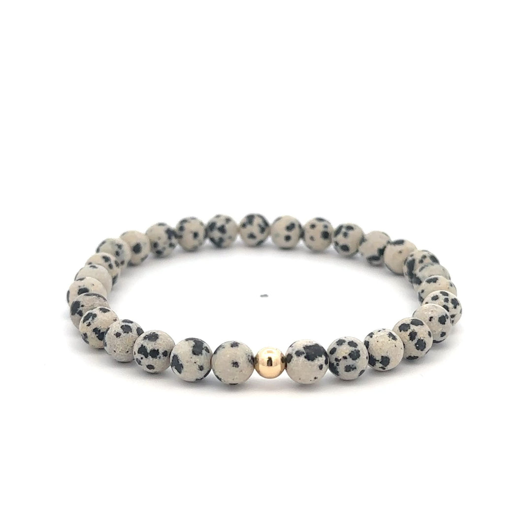 Natural Dalmatian Jasper 6mm Stretchable Bracelet 18k Gold Bead Charm Size 7 in