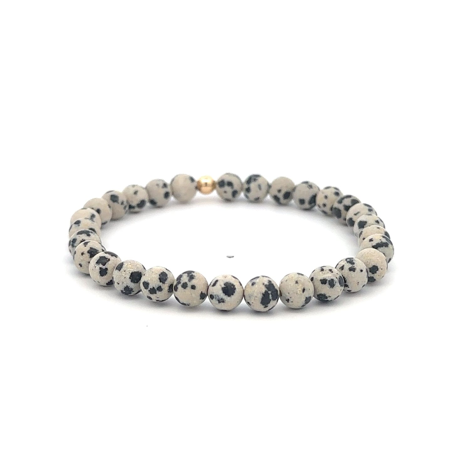 Natural Dalmatian Jasper 6mm Stretchable Bracelet 18k Gold Bead Charm Size 7 in - Rafant
