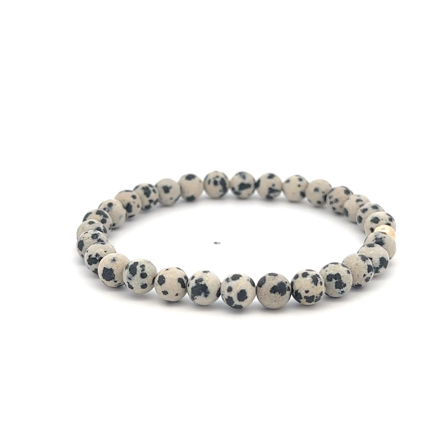 Natural Dalmatian Jasper 6mm Stretchable Bracelet 18k Gold Bead Charm Size 7 in - Rafant