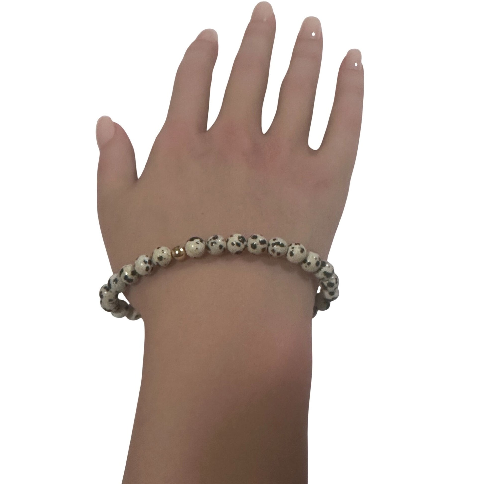 Natural Dalmatian Jasper 6mm Stretchable Bracelet 18k Gold Bead Charm Size 7 in - Rafant