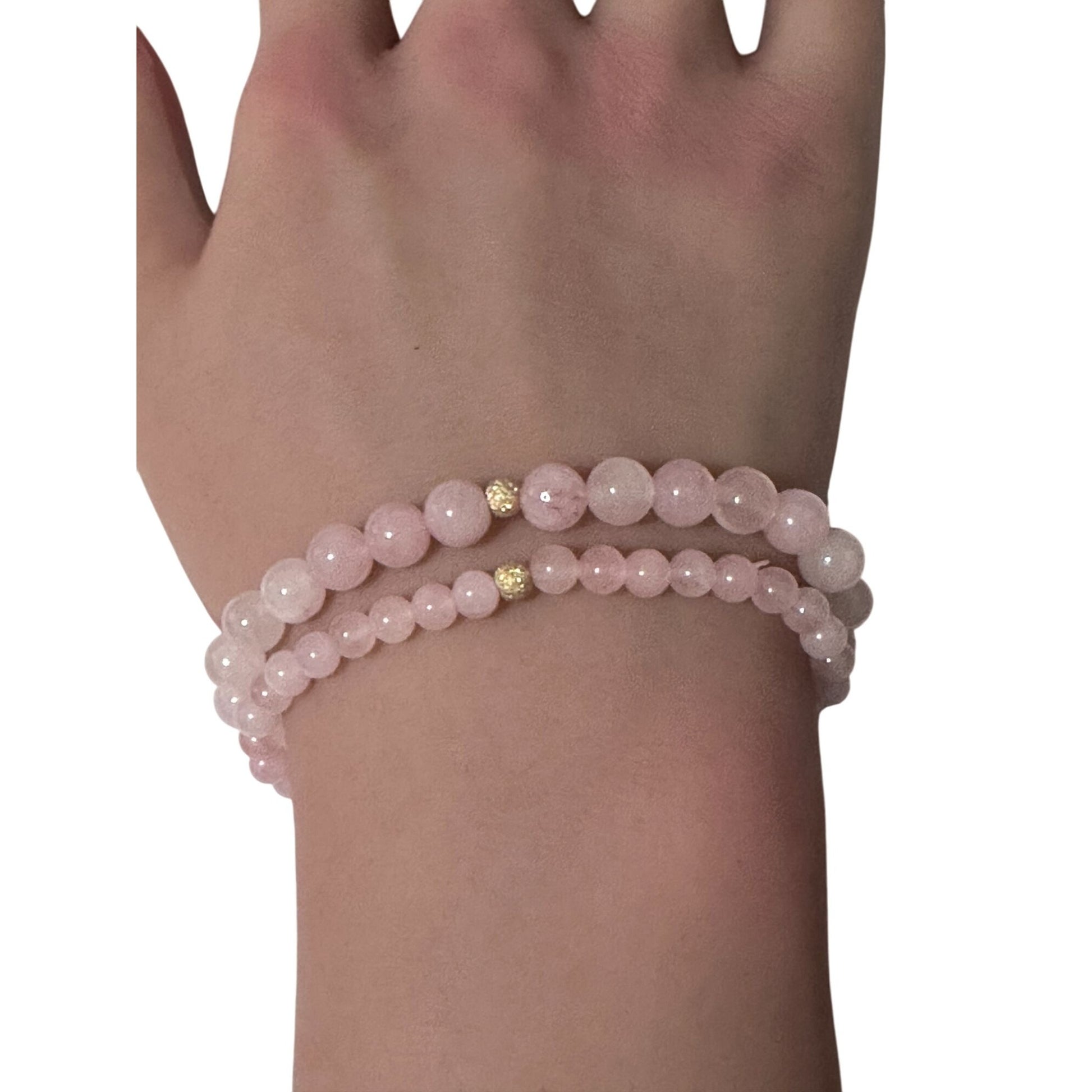 Gemstones Natural Rose Quartz 6mm 4mm Stretch Bracelet with 14k Gold Bead Choose Yellow, Stardust, Corrugated - Rafant