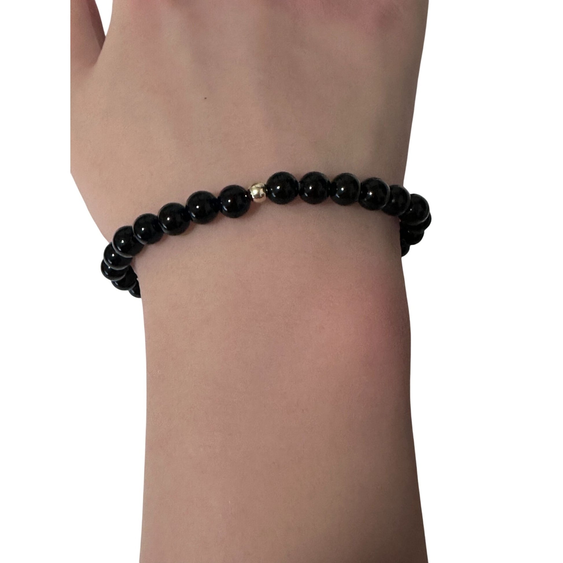 Gemstones Onyx 6mm Stretchable Bracelet 14k Gold Bead Charm - Rafant