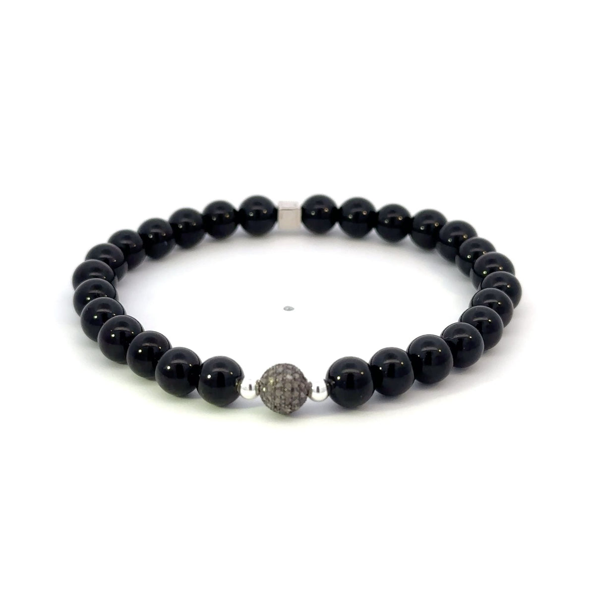 Black Onyx Stretch Bracelet with Natural Pavé Diamond Bead in Oxidized Sterling Silver