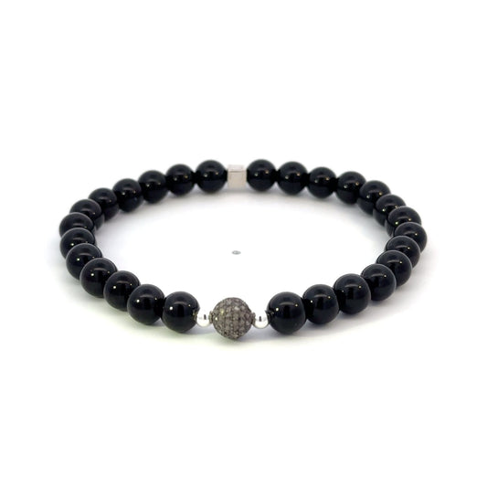 Black Onyx Stretch Bracelet with Natural Pavé Diamond Bead in Oxidized Sterling Silver