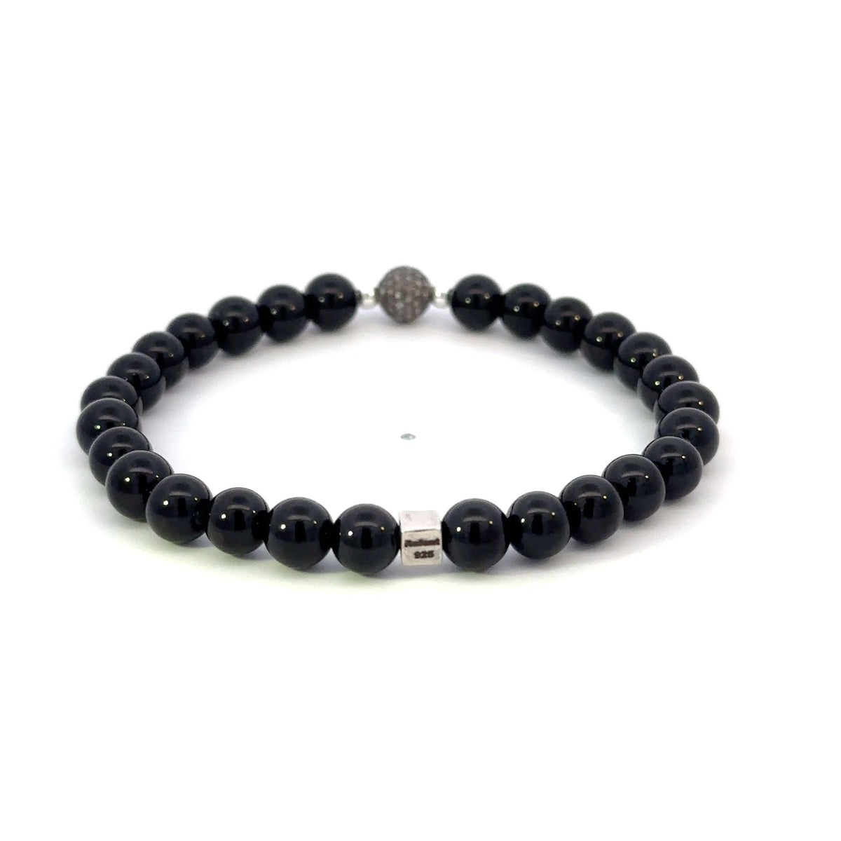 Black Onyx Stretch Bracelet with Natural Pavé Diamond Bead in Oxidized Sterling Silver