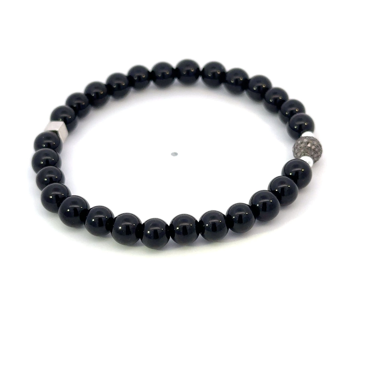 Black Onyx Stretch Bracelet with Natural Pavé Diamond Bead in Oxidized Sterling Silver