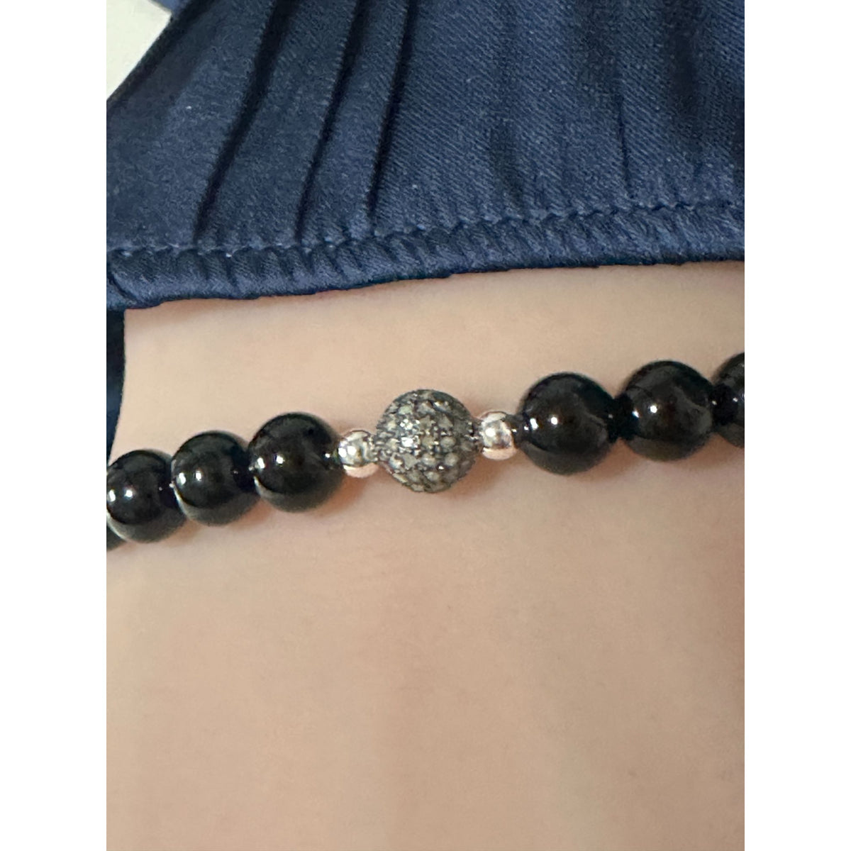 Black Onyx Stretch Bracelet with Natural Pavé Diamond Bead in Oxidized Sterling Silver