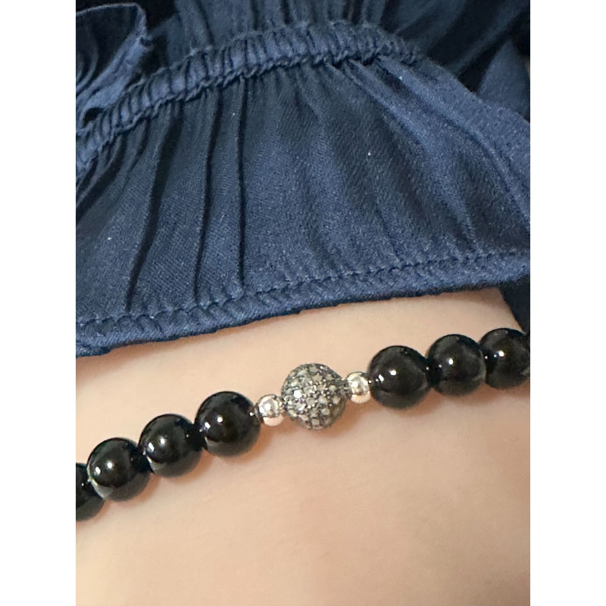 Black Onyx Stretch Bracelet with Natural Pavé Diamond Bead in Oxidized Sterling Silver